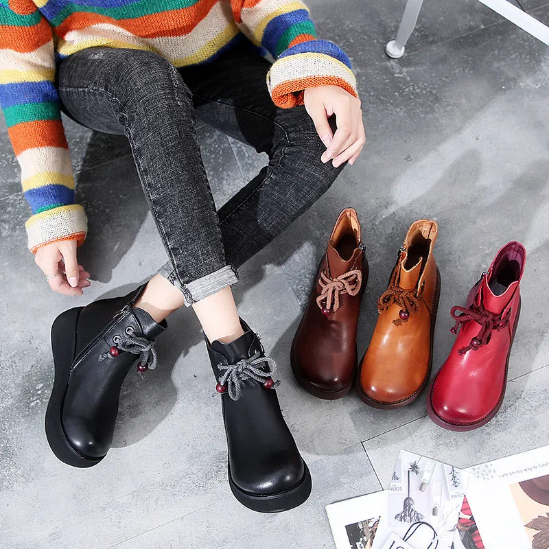 

CEYANEAO 2020 Genuine Leather Autumn Boots Shoes Women Ankle Boots Woman Lace Up Wedge Boots Women Boot Platform Shoes