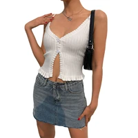 2021 summer female camisole solid color v neck ruffled vest sleeveless crop tops with buttons for adults white sml