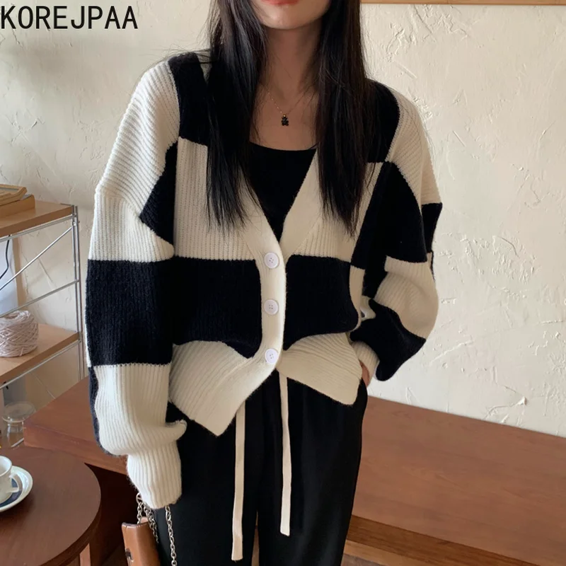 

Korejpaa Vintage Plaid Knitted Cardigans Women Autumn Korean New Style V-neck Long Sleeve Casual Fashion Knitwear Sweater Top