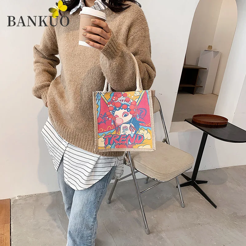 

BANKUO Female Bag New Chinese Style Graffiti Bags Fashion Casual All-match Handbags Travel Tote Sewing Thread Shopping Bag Z202