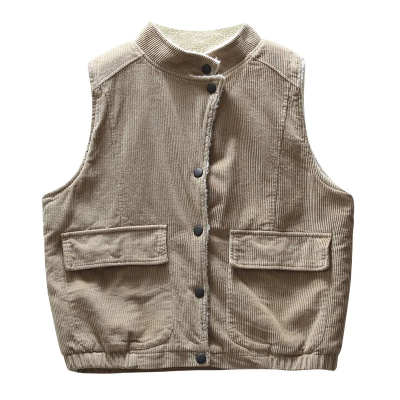 

Women Autumn New Fashion Casual Sleeveless Cashmere Waistcoat Female Short Version Vintage Stand Collar Corduroy Vest Two Pocket