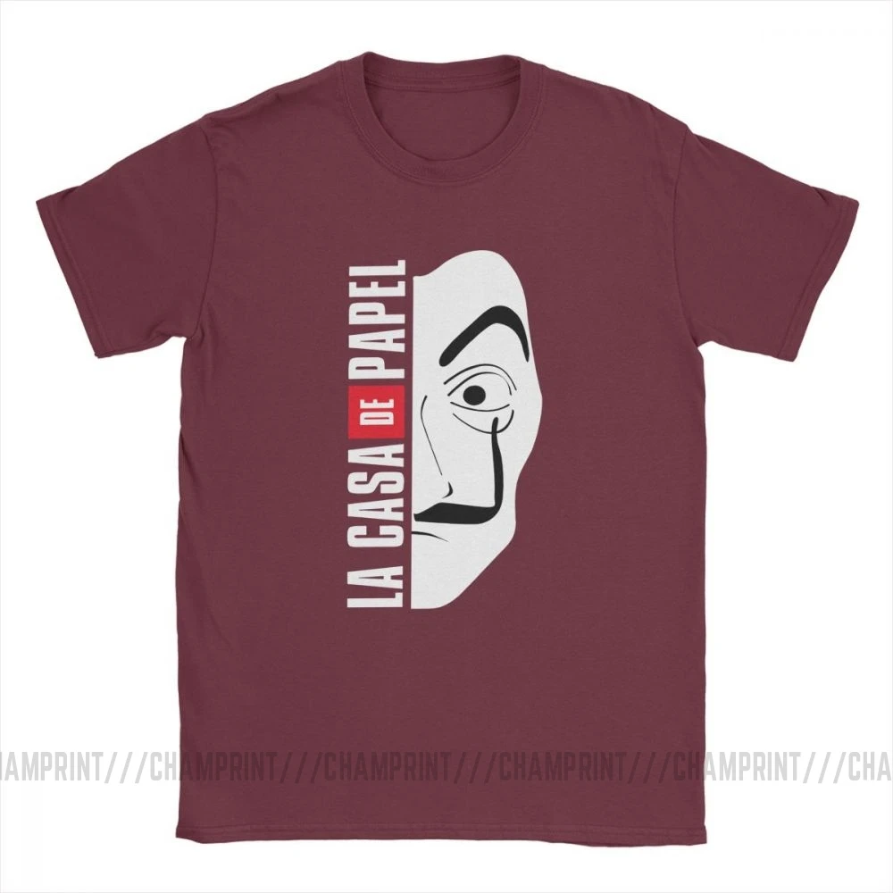 Burgundy La Casa De Papel маска Мужская футболка Money Heist Винтаж хлопок House Of paper футболки с круглым вырезом футболки размера плюс Топы - Color: Burgundy