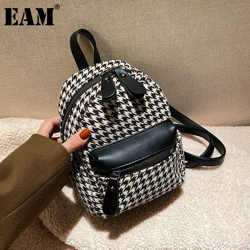 Женский рюкзак в шотландскую клетку [EAM] черный Универсальный из шерстяной ткани