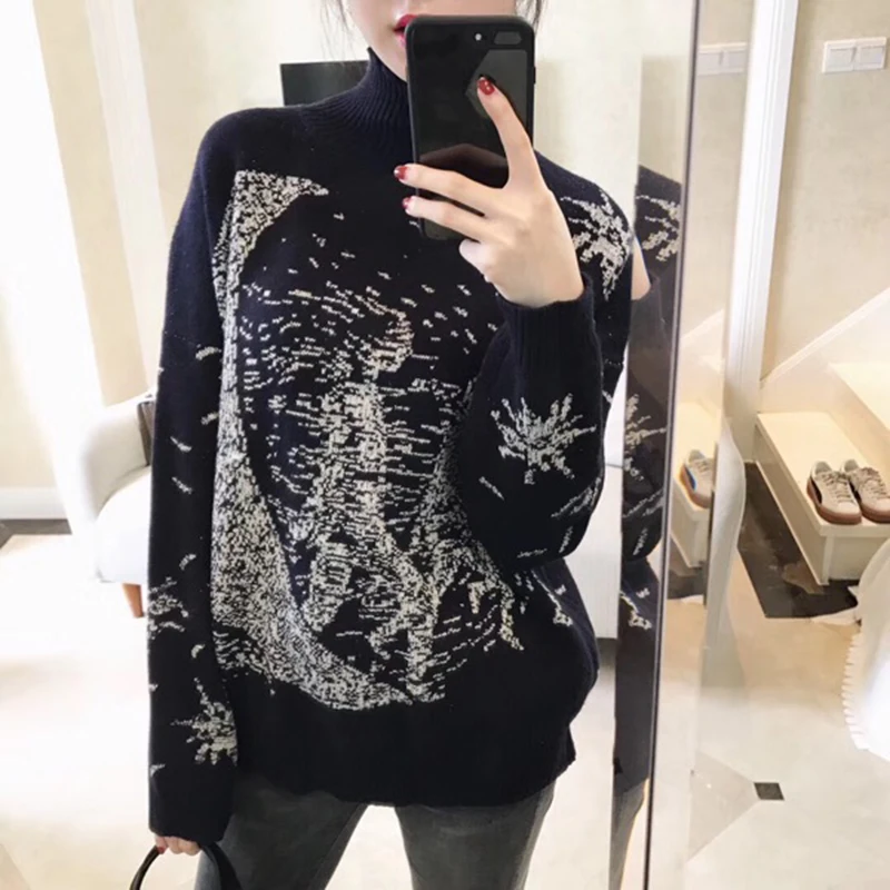 Turtleneck Sweater Women 2022 Winter Thick Runway Design Galaxy Moon Oversized Casual Pullover Knit Jumper C-122 | Женская одежда
