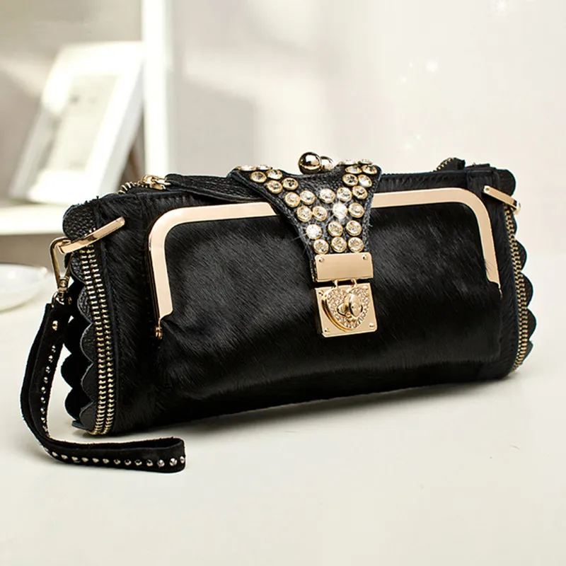 

Luxury Fashion Diamond Women clutch bag Cowhide Leather horsehair purses ladies shoulder messenger chain bag party evening bags