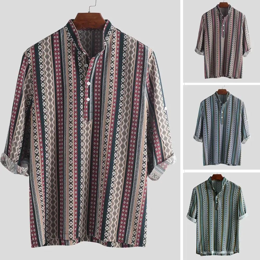 Мужские рубашки с этническим принтом коротким рукавом на пуговицах полосатые