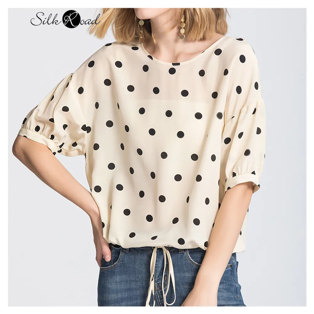 Silviye Polka dot printed silk medium sleeve T-shirt women's silk small shirt half sleeve top loose 2020 summer new