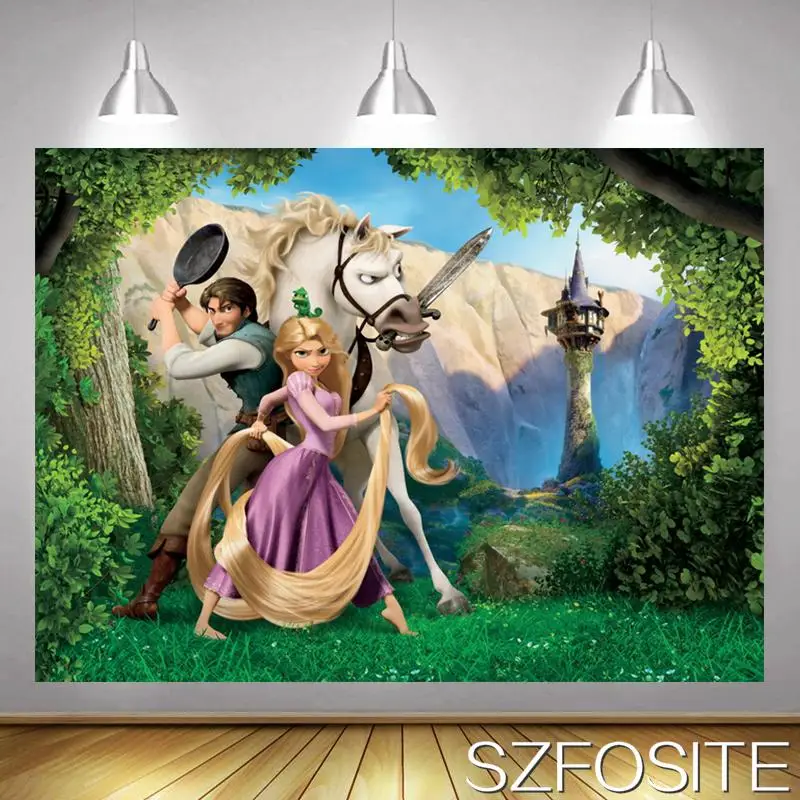 

Cartoon Golden Rapunzel White Horse Backdrop Girl Birthday Party Room Decoration Photography Studio Photo Kids Custom Background