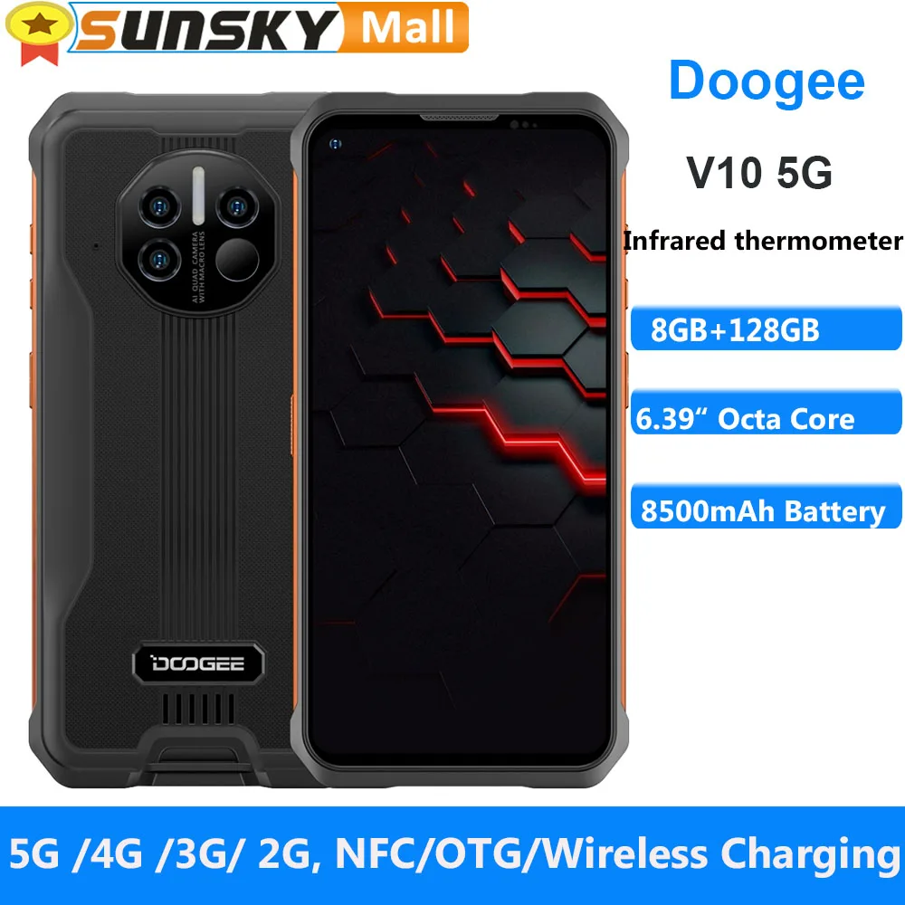 DOOGEE V10 5G Rugged Phone Infrared Thermometer 8GB 128GB 8500mAh 6.39" Android 11 Dimensity 700 Octa Core NFC Wireless Charging |