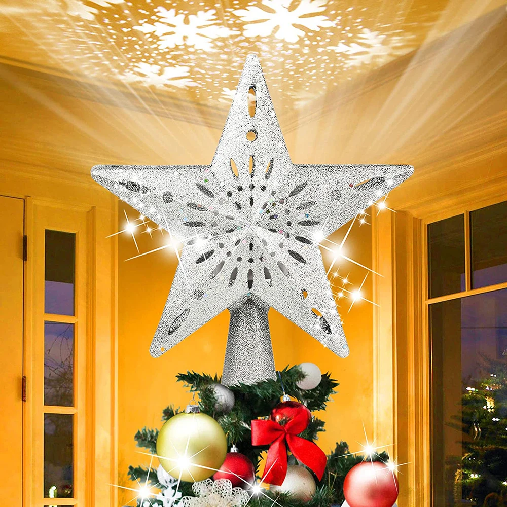 

AC 100-240V Christmas Tree Topper Star LED 360° Rotating Snowflake Projector Lamp 3D Glitter Snow Light for Xmas Tree Decoration