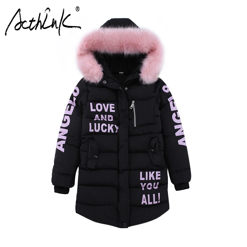 

ActhInK New Teenage Girls Cotton Padded Long Coat Letter Print Girls Hooded Parkas Girls Winter Thermal Snow Coat