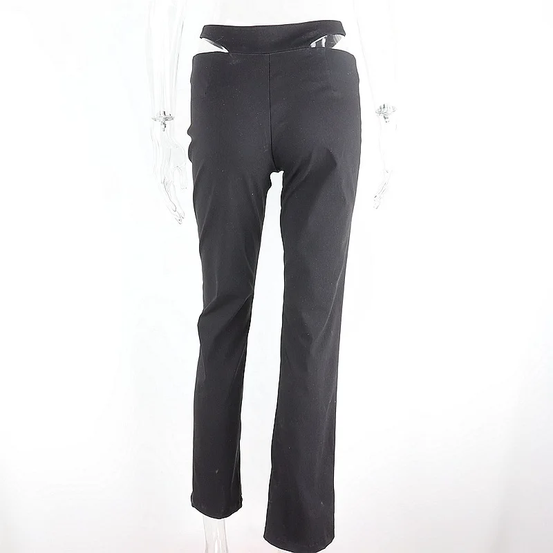 

ALLNeon Vintage 90s Hollow Out High Waist Zip Up Long Pants Y2K Streetwear Straight Black Trousers Casual Outfits Slim Pants