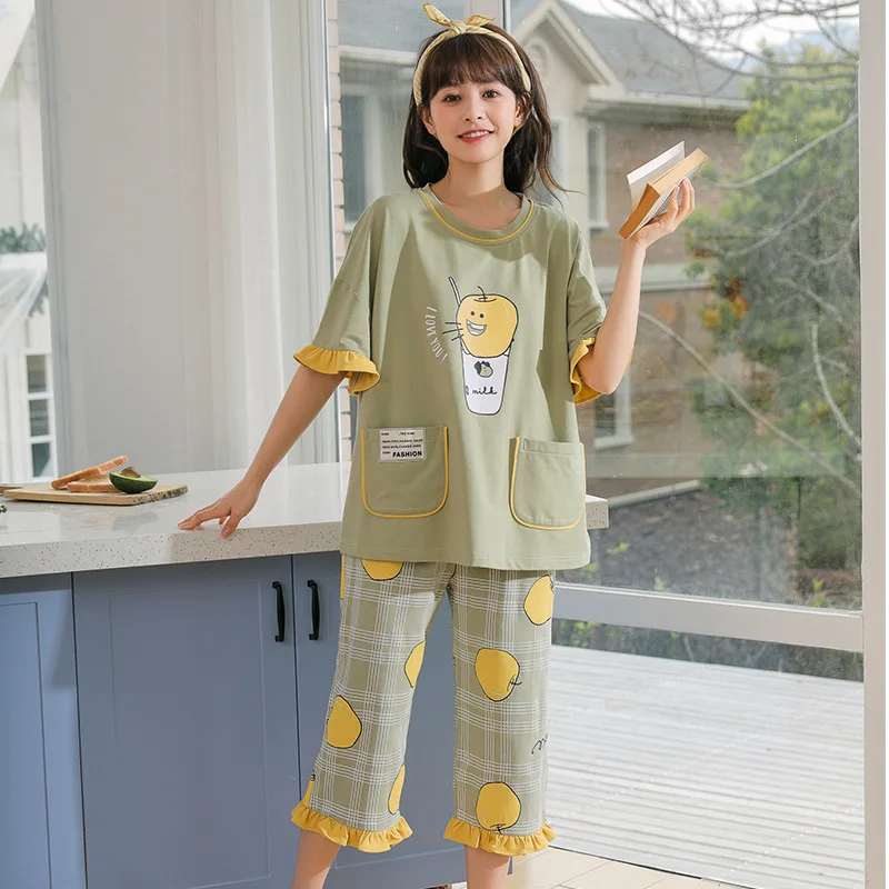 

Woman Cartoon Pajama Sets 2 Pcs/ Set Autumn Spring Girls Sleepwear Cute Home Wear Suits For Students Comfortable Cotton Nighty
