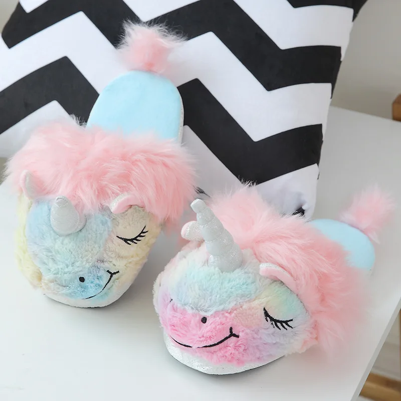 Cartoon Unicorn plush slippers female ins winter indoor soft bottom cute funny color pony cotton slippers children
