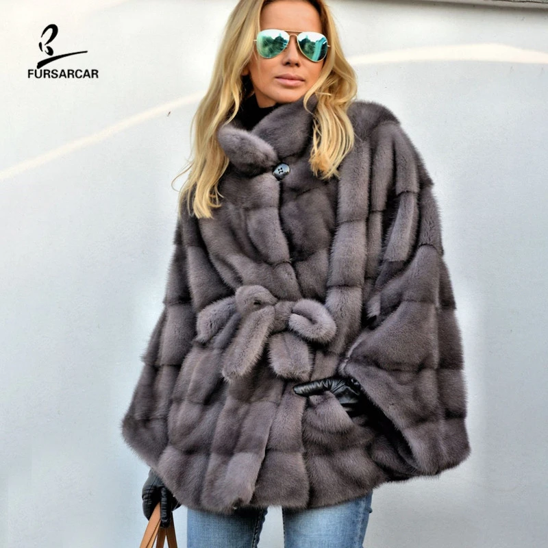 FURSARCAR 2021 Bat Sleeves Real Fur Mink Cape Grey Women Winter Shawl For Female Fashion Luxury Natural Fur Coat Genuine images - 6