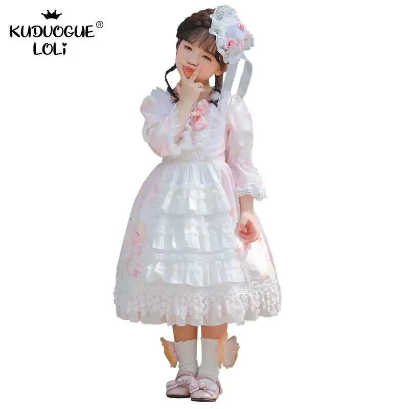 

Children's Lolita Op Dress Kids Baby Girls Short-sleeve Princess Floral Printed Bow Cartoon Sweet Layered Ruffles Costume Party