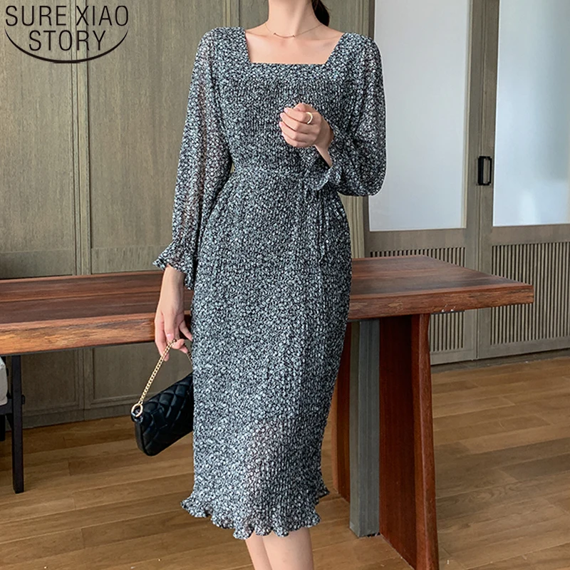 

Женское шифоновое платье в горошек, элегантное плиссированное платье-трапеция с высокой талией и поясом, французское платье с квадратным в...