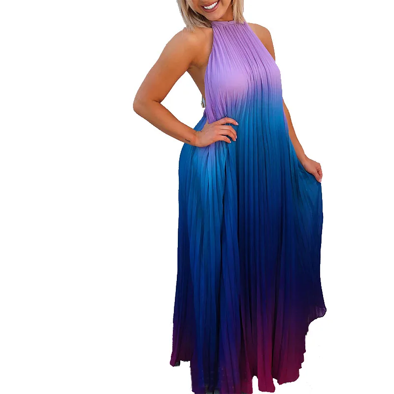 

Women Dress 2021 Summer Gradient Contrast Sleeveless Halter Long Pleated Dress Maxi Dresses for Women Vestido Feminino