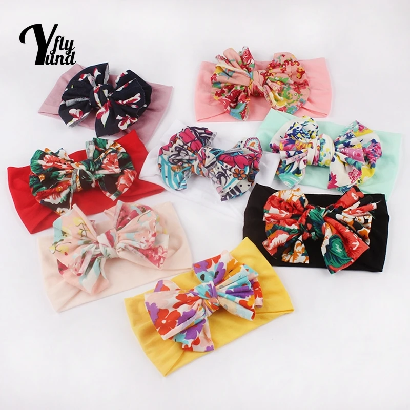 

Yundfly 16*9 CM Newborn Soft Comfortable Nylon Wide Headband Cute Print Bowknot Elastic Hairband Bows Headwear Hair Accessories