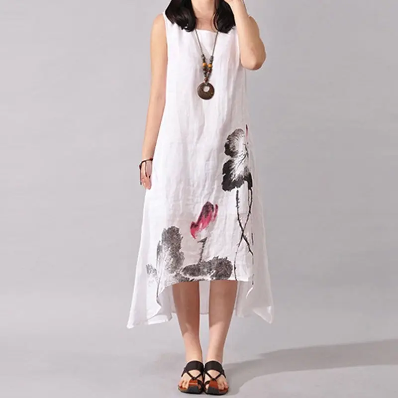 

Длинное платье из хлопка и льна, женская одежда, облегающие Летние повседневные платья макси без рукавов с асимметричным чернильным принто...