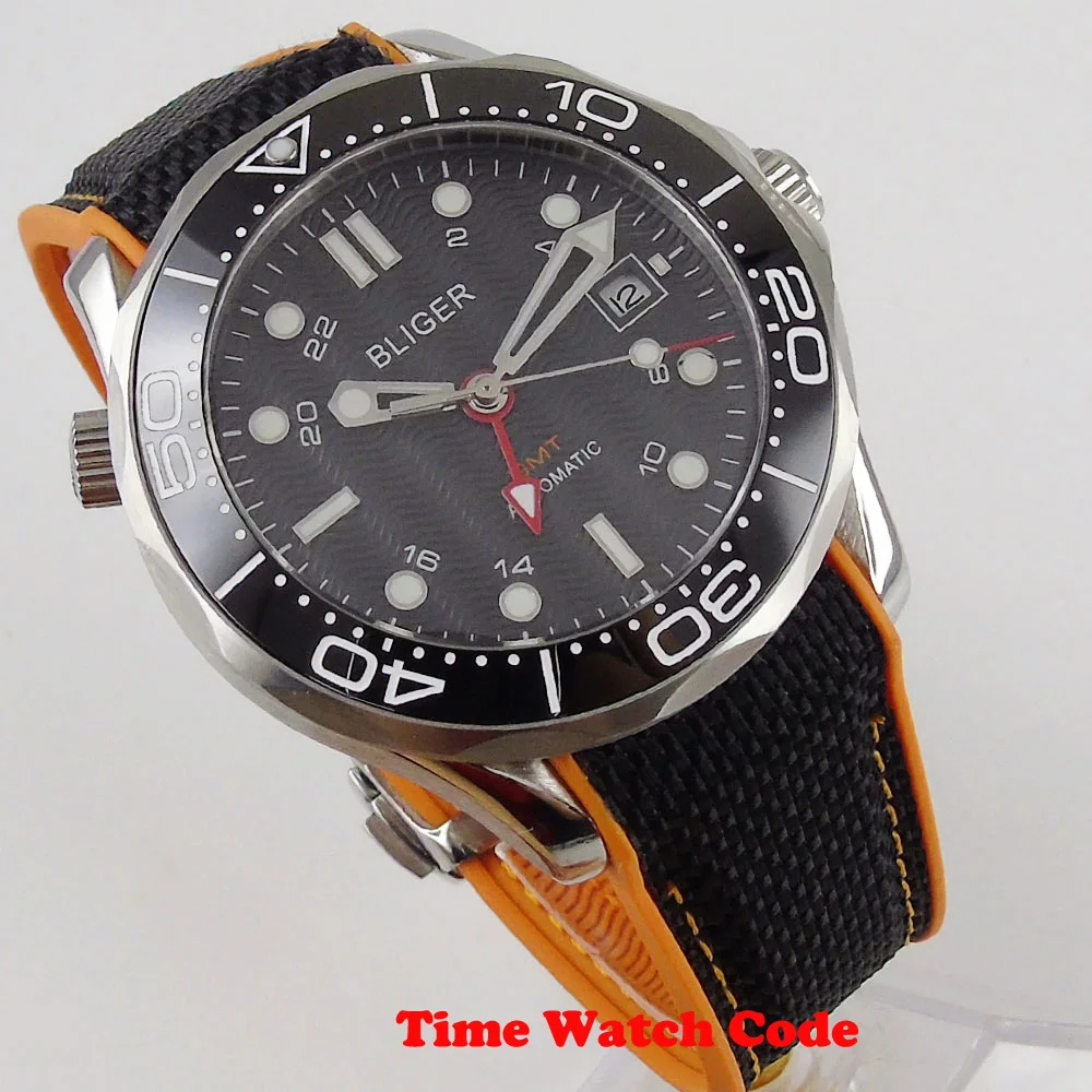 Bliger 41 мм GMT автоматические мужские наручные часы черное окно с датой набора