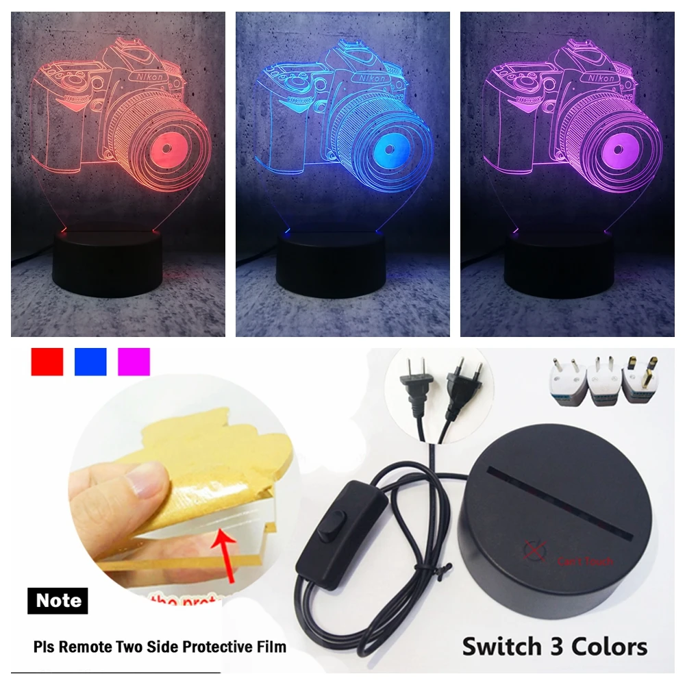 Switch 3 Color Светодиодный светильник Nikon camera, светильник ing, креативный 3D светодиодный USB светильник, ночник, подарки для подростков, декор для комнаты, настольная лампа, подарок для фотографов - Испускаемый цвет: Switch 3 Color