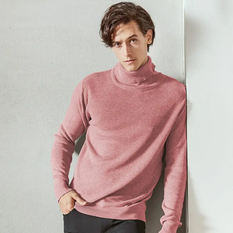 Pink MuLS свитер мужские свитера с высоким воротом, хлопковый свитер с высоким воротником, джемперы, Рождественский красный осенне-зимний толстый теплый мужской трикотаж, Прямая поставка - Цвет: Pink