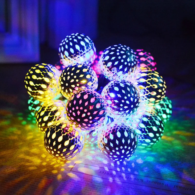 

Creative Solar Light String Iron Art Metal Ball Moroccan Ball Outdoor Rainproof Outdoor Holiday Decoration Modeling Light String