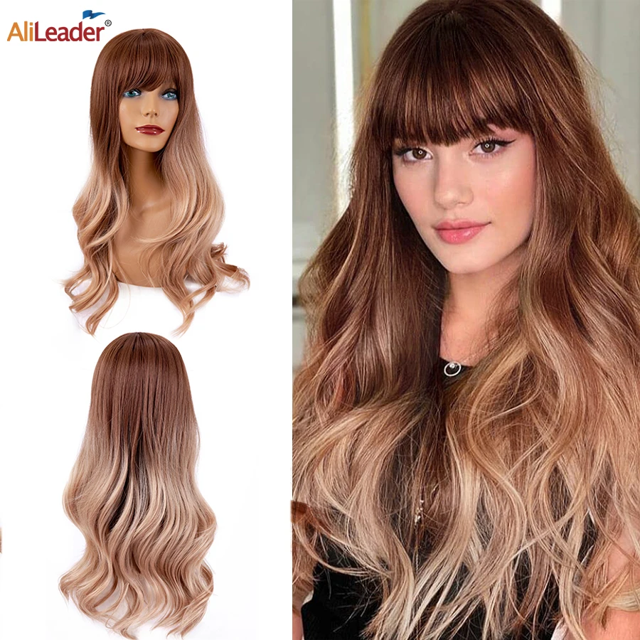 

Alileader Long Wavy Wig With Bang Ombre Brown Long Wavy Middle Part Hair Wig For Women Synthetic Curly Wig Copslay Wedding Daily