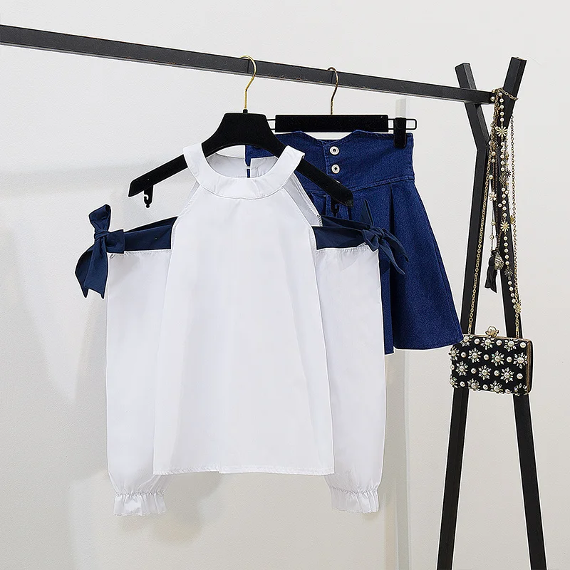 Блузка с бантом на плече и джинсовая короткая юбка Новое поступление комплект