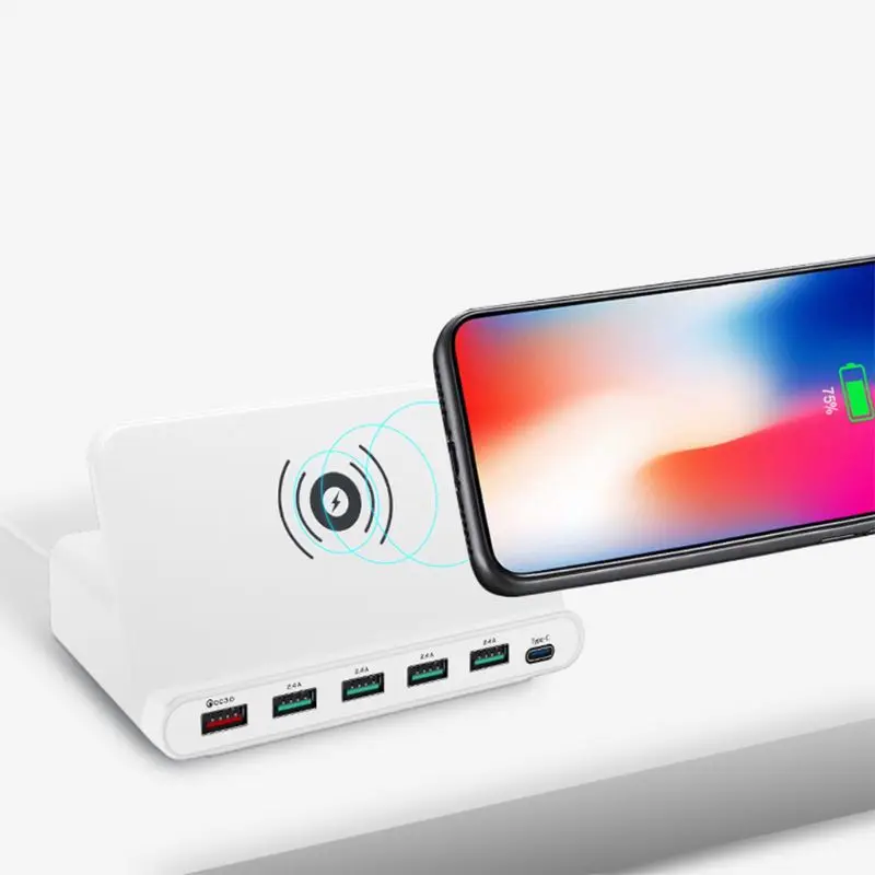 7-в-1 Беспроводной Зарядное устройство QC 3,0 Быстрая зарядка 5 Порты usb Тип C зарядная док-станция для iphone samsung смартфона Xiaomi