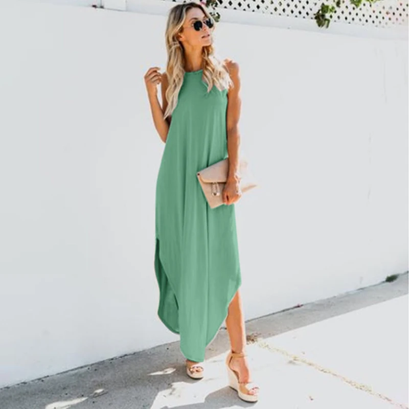 Женское летнее длинное платье новое модное однотонное без рукавов на бретельках
