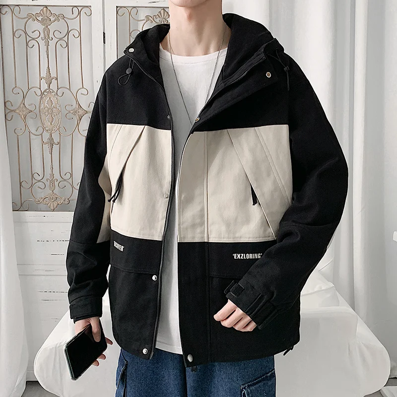

Jacket men's coat spring new Korean fashion men hooded loose splicing collision color jacket clothes men's black and white