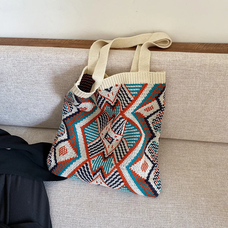 

Lady Knitting Gypsy Bohemian Boho Chic Aztec Tote Bag Women Crochet Woolen Open Shopper Top-handle Bag 2020 Female Daily Handbag