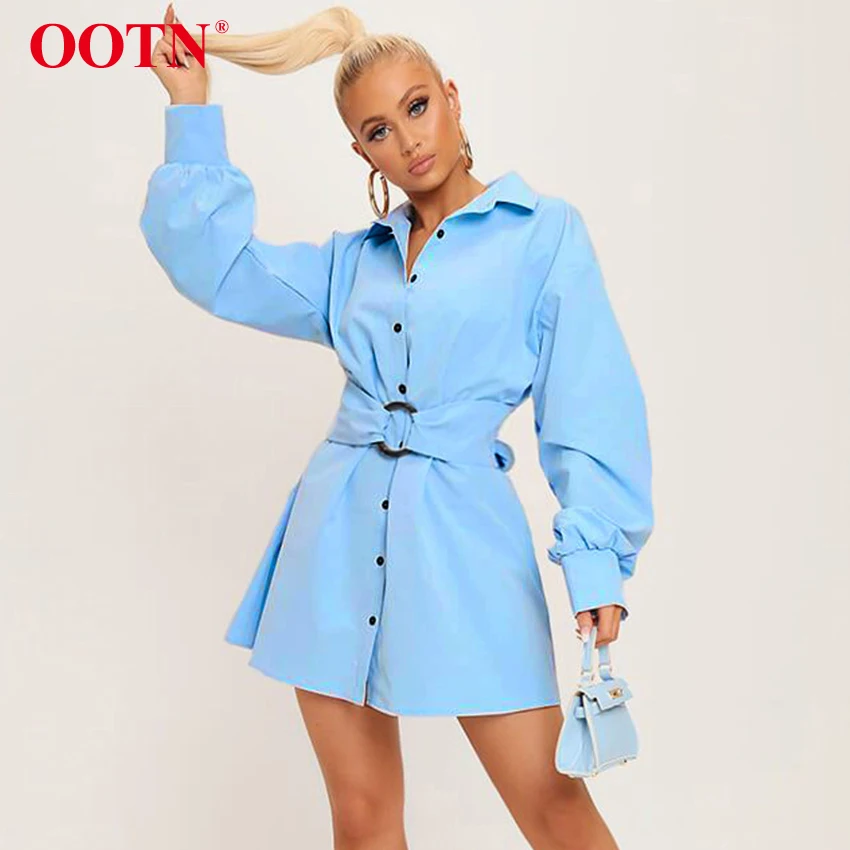 OOTN, отложной воротник, синяя туника, платье-рубашка, женское платье с длинным рукавом и поясом, офисное женское мини-платье, Осень-зима, повседневное белое платье