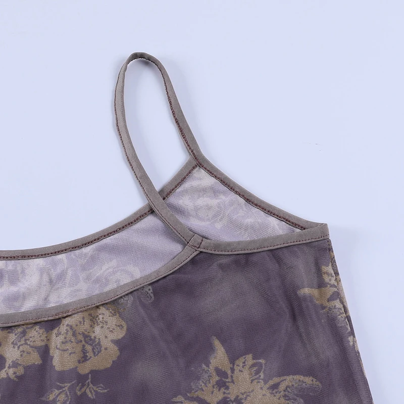 

Vintage Floral Pattern Crop Tops Aesthetics Summer Spaghetti Strap Backless Mesh Cami Cute Sleeveless
