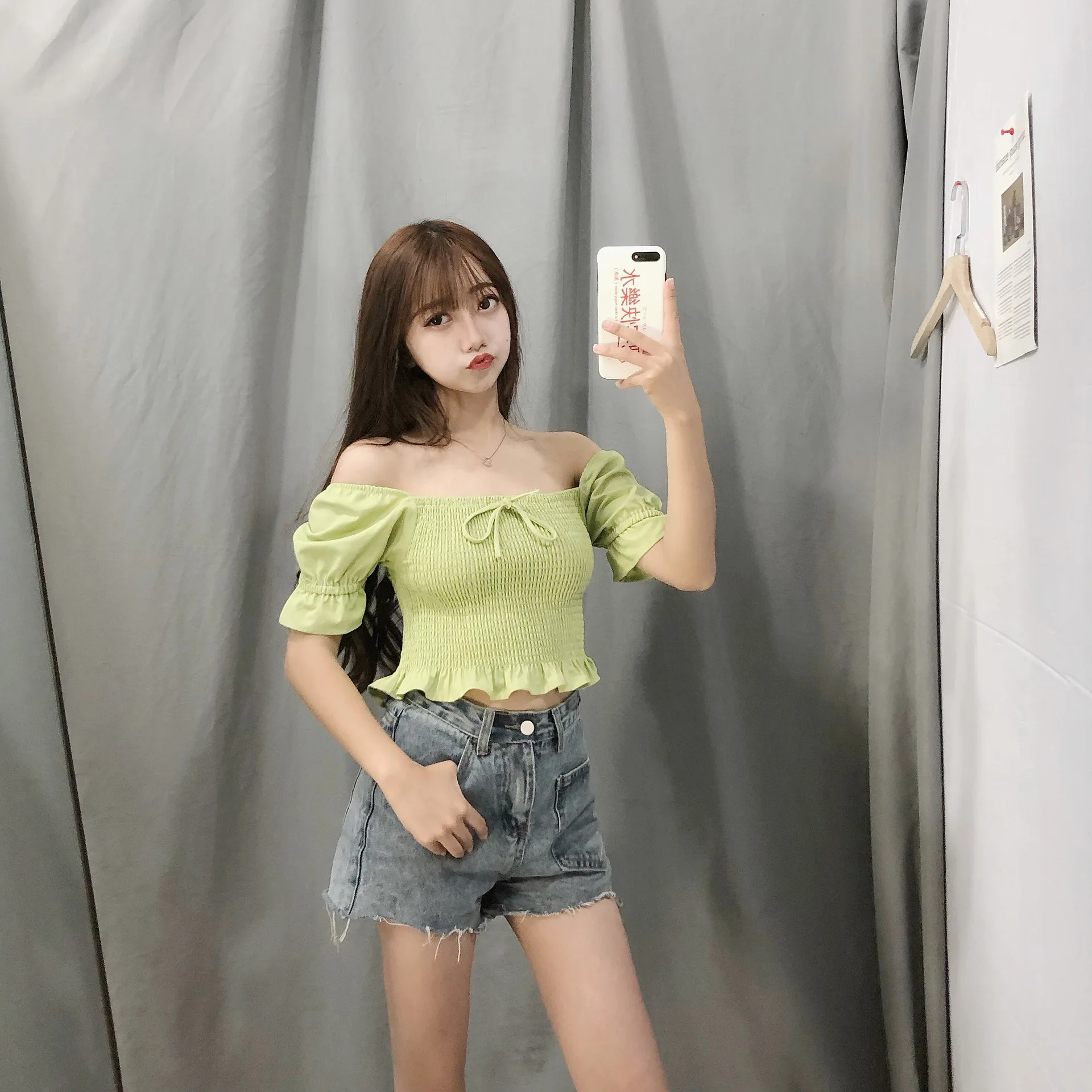 

Minority French Generous Collarbone Jacket Neckline Tie Knot Elastic Short Sleeve Navel Shirt Woman