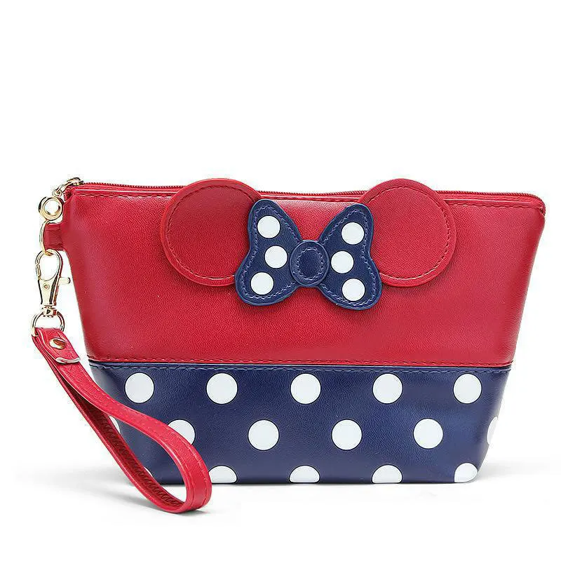 

Mickey Mouse bowknot pu cosmetic bag cute cartoon polka dot hand holding female bag cosmetic storage bag make up bag coin purse