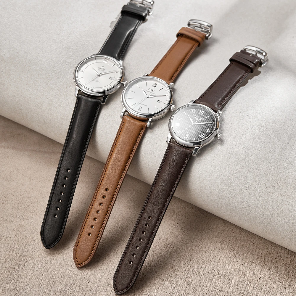 France Calf Leather 16mm 18mm 19mm 20mm 22mm 24mm Leather Strap Men Women Bracelet Butterfly Deployment Buckle Watch Band