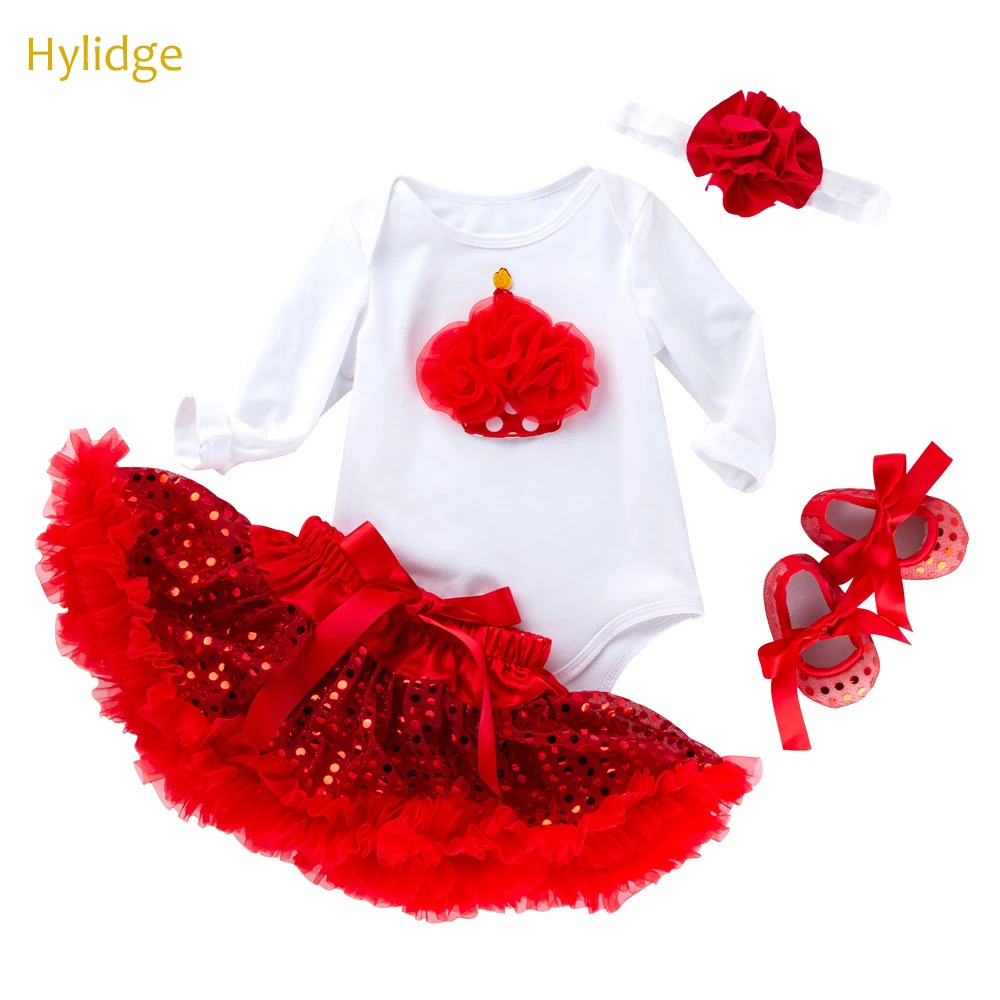 

Hylidge 4PCS/set 0-2 years Toddler Girl Christmas Dresses Newborn Baby Girl Bodysuit Sequined Red Tutu Skirt Shoes Baby Suit