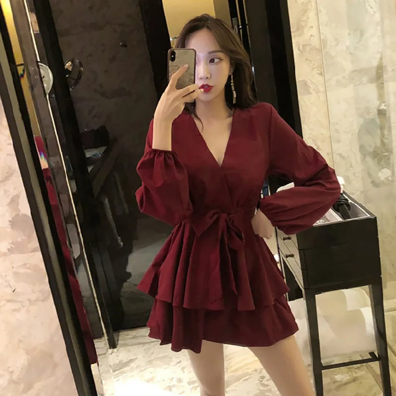Элегантное женское Бордовое платье однотонные сексуальные платья с V образным