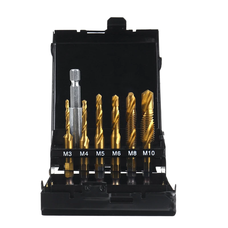 

6pcs M3-M10 Hex Shank HSS Titanium Plated Screw Thread Tap Taper Drill Bit Combination Set