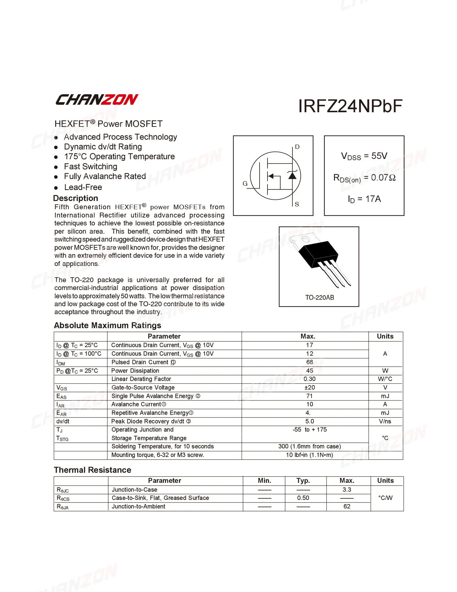 ТРАНЗИСТОР IRFZ24NPBF TO-220 Power SIC Mosfet биполярное соединение BJT ful Triode Tube Fets 17A 55 в