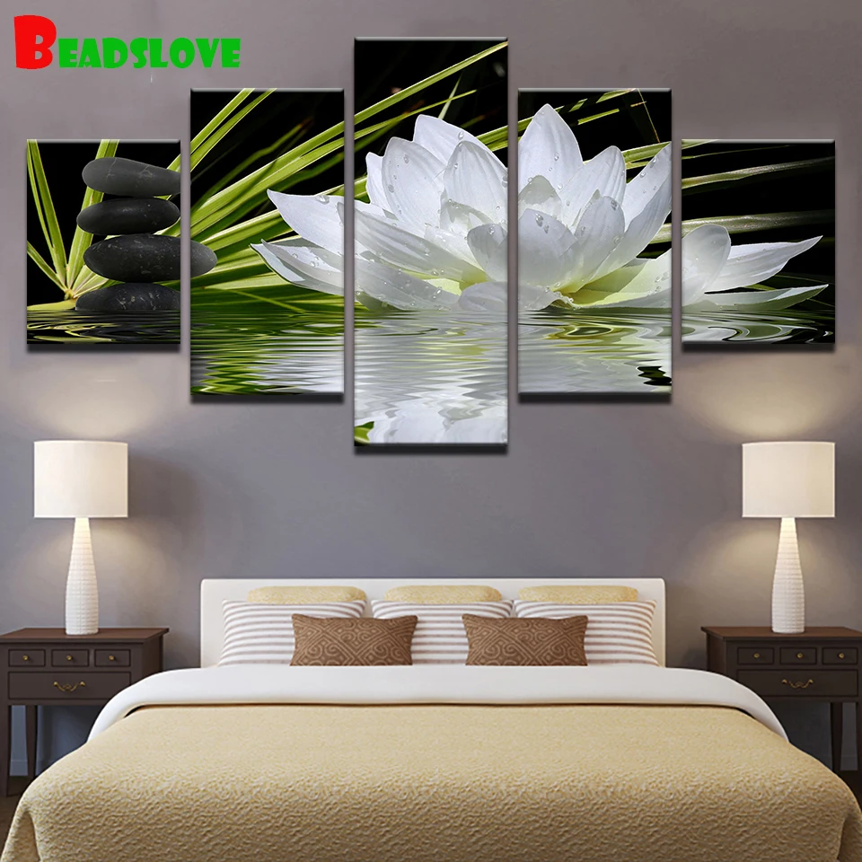 

5 piece diamond painting White Lotus Stones Flowers 5d diamond embroidery Painting mosaic pictures diy handmade Crafts,