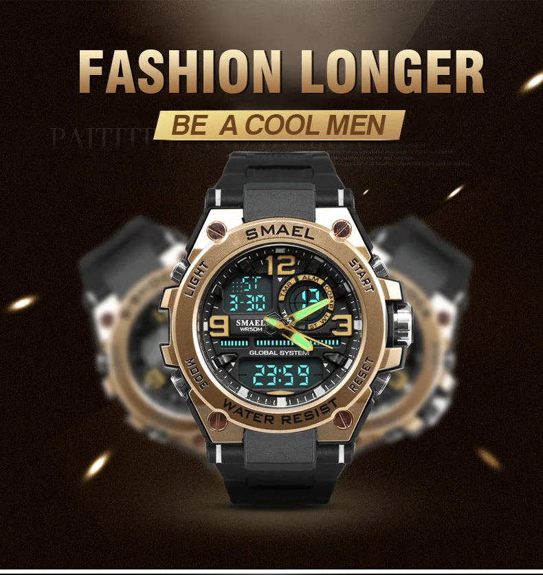 SMAEL Luxuly мужские наручные часы золотые цифровые водонепроницаемые 50 м
