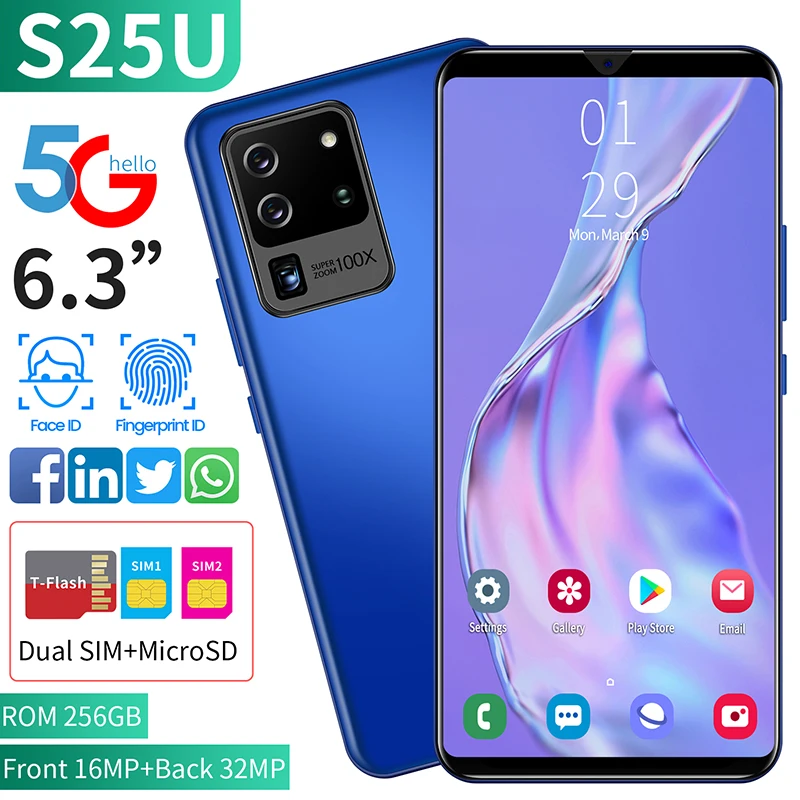 

S25U FullScreen Smartphone Face ID 8-core 256 GB Android 10 MT6875 Face Fingerprint ID Dual Camera 5G Smart Mobile Cell Phone