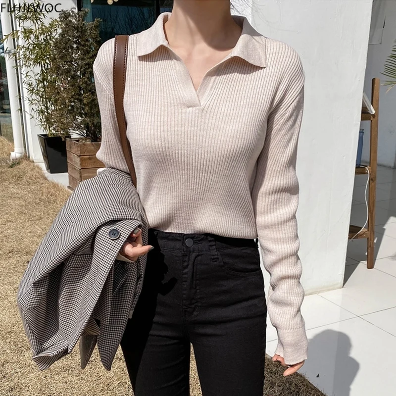 

2020 Autumn Winter Basic Wear Korean Tops Long Sleeve Slim Solid Black Blue White Knitted Sweaters Pullovers