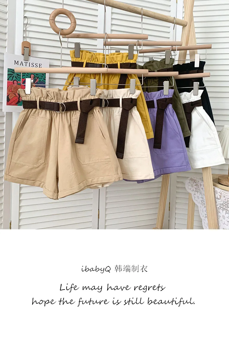 

Summer new loose and versatile solid color elastic waist shorts a-line wide-leg pants casual pants with belt women