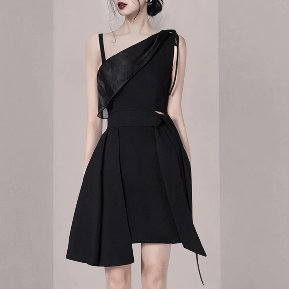 

SMTHMA New Fashion Lady Black Summer Dress Women Elegant Sexy Off Shoulder Spaghetti Strap Asymmetical Dress Vestidos