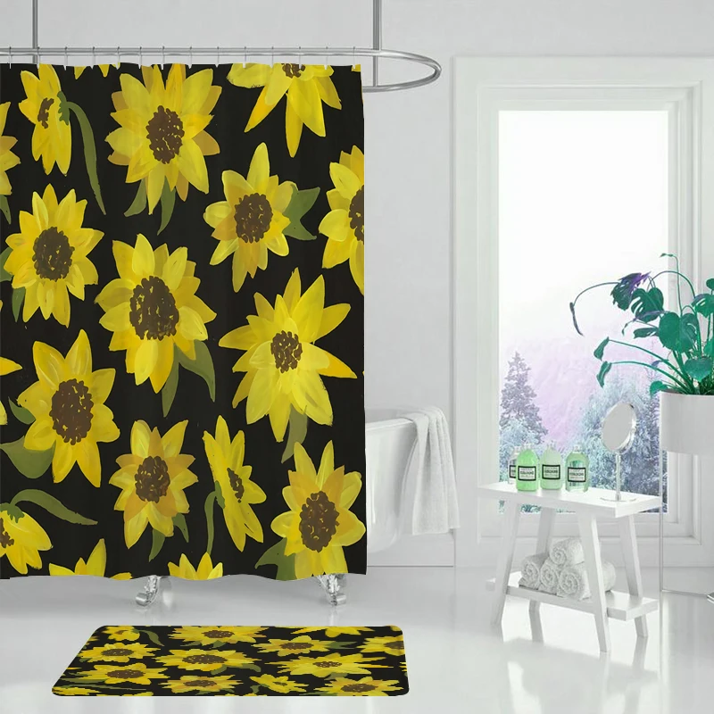 Шторы для ванной украшение комнаты желтые цветы зеленые листья летние растения